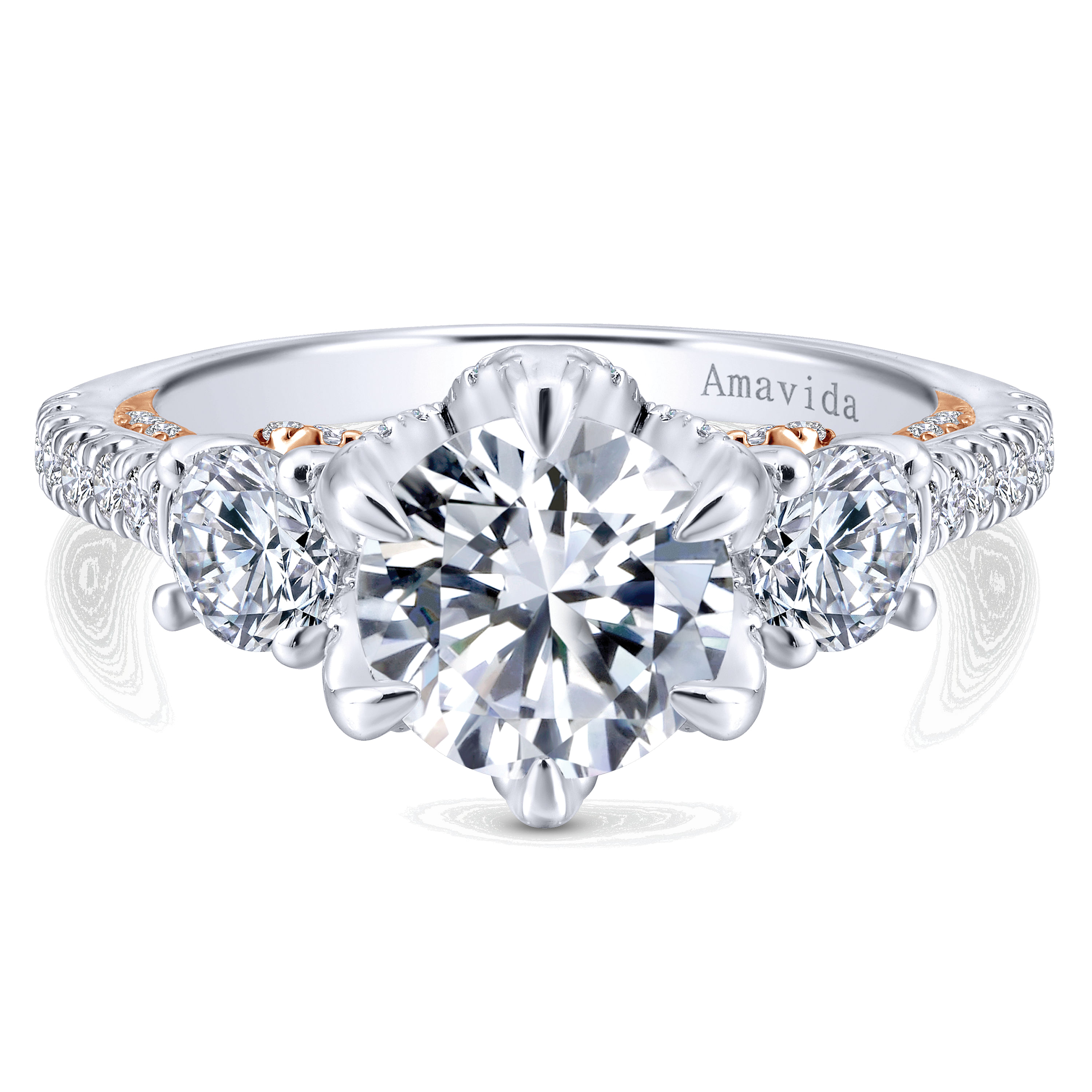 18K White-Rose Gold Round Diamond Three Stone Engagement Ring