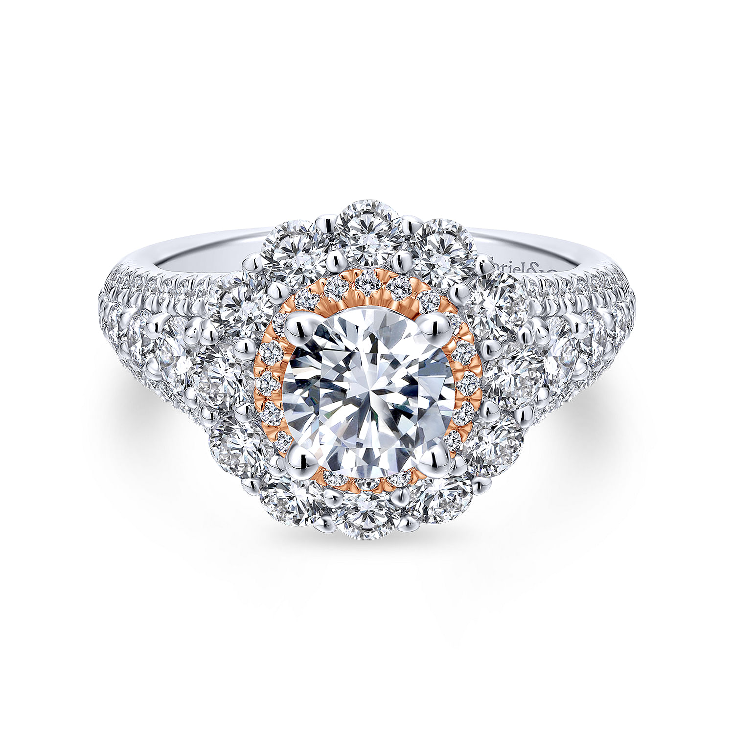 Gabriel - 18K White-Rose Gold Round Double Halo Diamond Engagement Ring