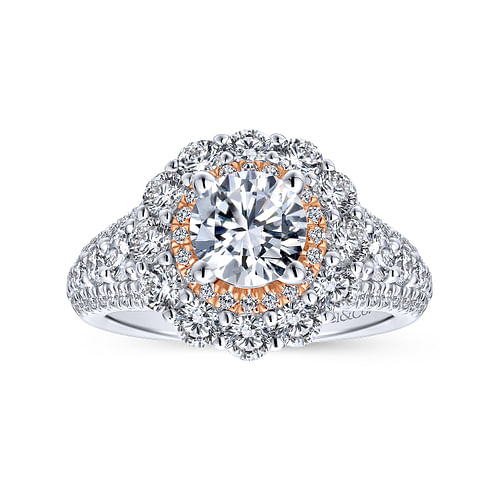 18K White-Rose Gold Round Double Halo Diamond Engagement Ring