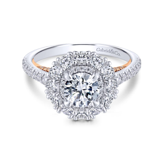 Gabriel - 18K White-Rose Gold Round Double Halo Diamond Engagement Ring