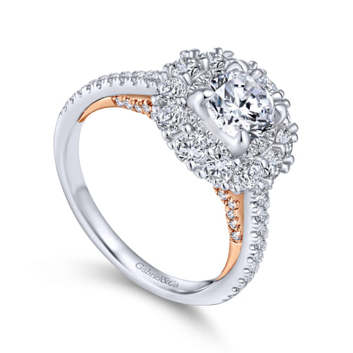 18K White-Rose Gold Round Double Halo Diamond Engagement Ring
