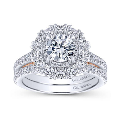 18K White-Rose Gold Round Double Halo Diamond Engagement Ring