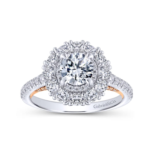 18K White-Rose Gold Round Double Halo Diamond Engagement Ring
