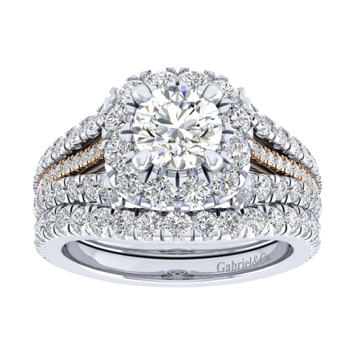 18K White-Rose Gold Round Halo Diamond Engagement Ring