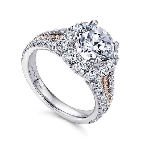 18K White-Rose Gold Round Halo Diamond Engagement Ring