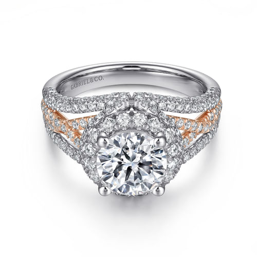 18K White-Rose Gold Round Halo Diamond Engagement Ring