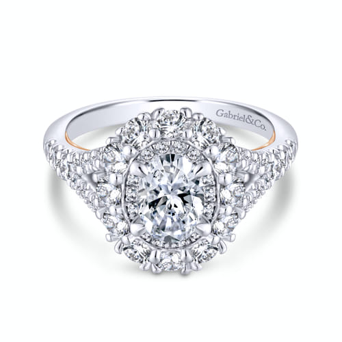 18K White-Rose Oval Double Halo Diamond Engagement Ring