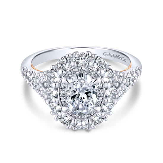 Gabriel - 18K White-Rose Oval Double Halo Diamond Engagement Ring