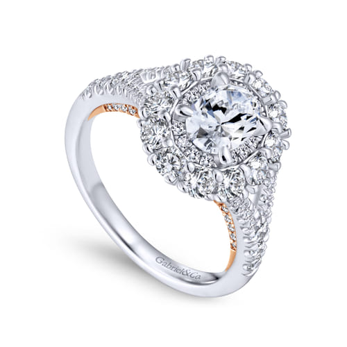 18K White-Rose Oval Double Halo Diamond Engagement Ring