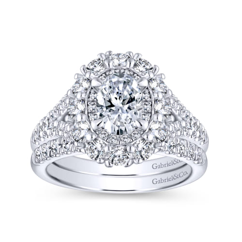 18K White-Rose Oval Double Halo Diamond Engagement Ring
