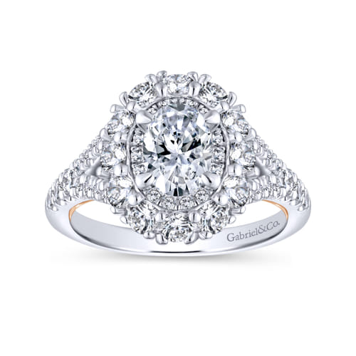 18K White-Rose Oval Double Halo Diamond Engagement Ring