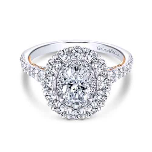18K White-Rose Oval Double Halo Diamond Engagement Ring