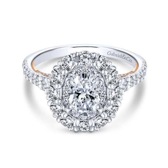 Gabriel - 18K White-Rose Oval Double Halo Diamond Engagement Ring