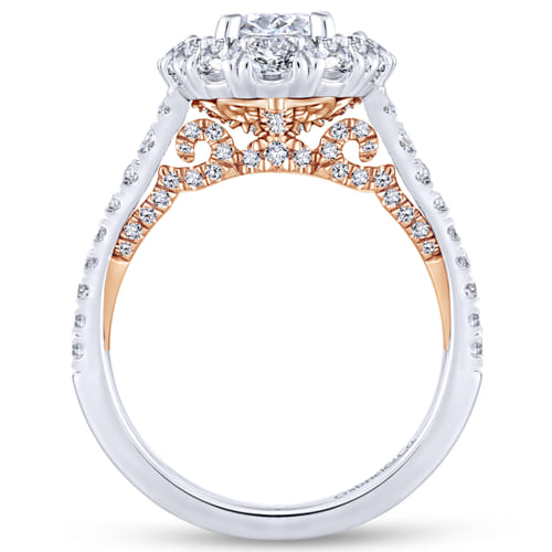 18K White-Rose Oval Double Halo Diamond Engagement Ring
