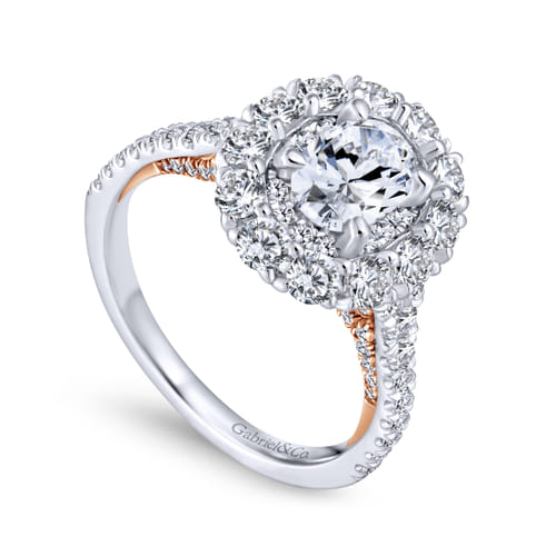 18K White-Rose Oval Double Halo Diamond Engagement Ring