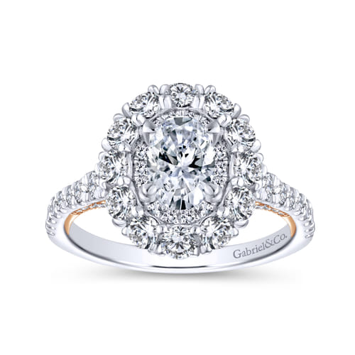 18K White-Rose Oval Double Halo Diamond Engagement Ring