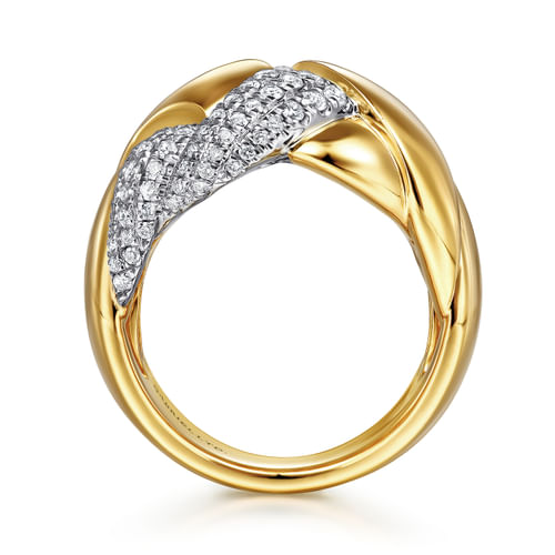 18K White-Yellow Gold Braided Metal and Diamond Wide Ring