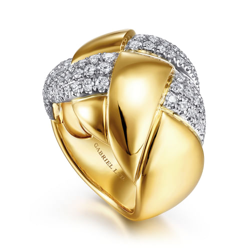 18K White-Yellow Gold Braided Metal and Diamond Wide Ring