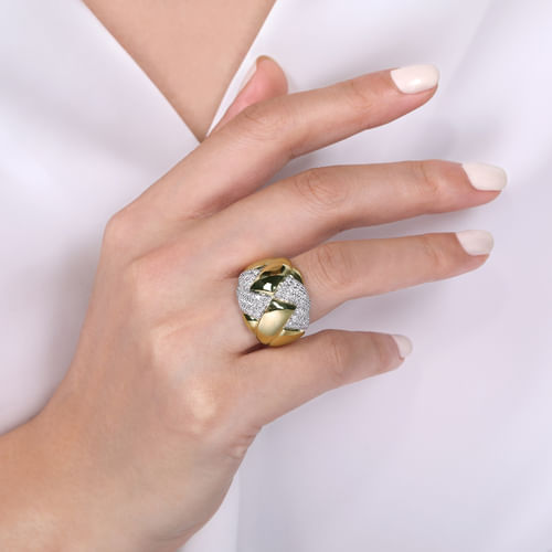 18K White-Yellow Gold Braided Metal and Diamond Wide Ring