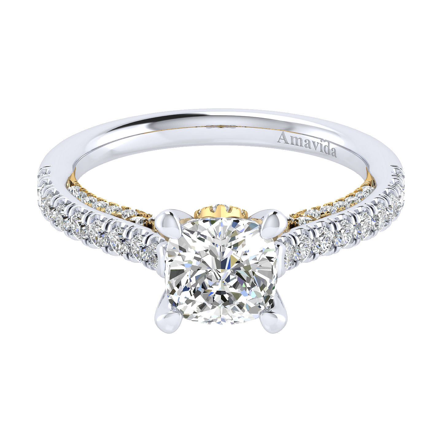 18K White-Yellow Gold Cushion Cut Diamond Engagement Ring