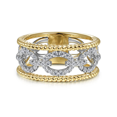 18K White-Yellow Gold Diamond Link and Twisted Rope Ring