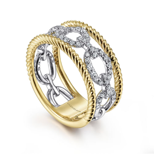 18K White-Yellow Gold Diamond Link and Twisted Rope Ring
