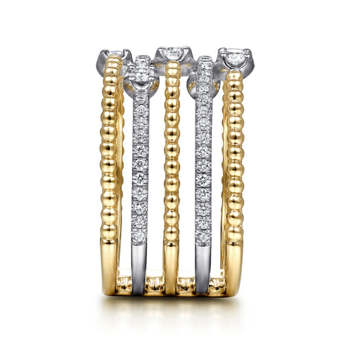 18K White-Yellow Gold Five Row Bujukan Ball and Diamond Station Ring