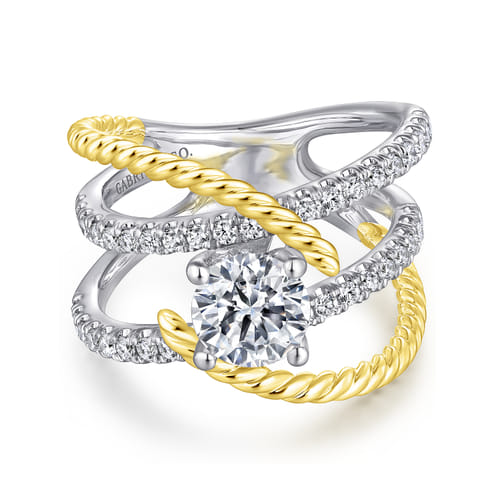 18K White-Yellow Gold Free Form Round Diamond Engagement Ring