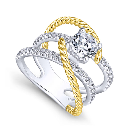 18K White-Yellow Gold Free Form Round Diamond Engagement Ring