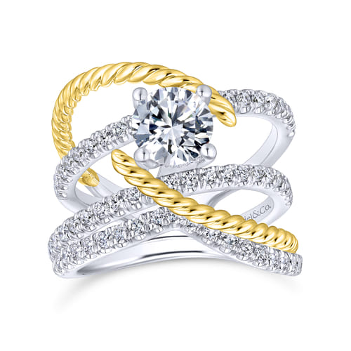 18K White-Yellow Gold Free Form Round Diamond Engagement Ring