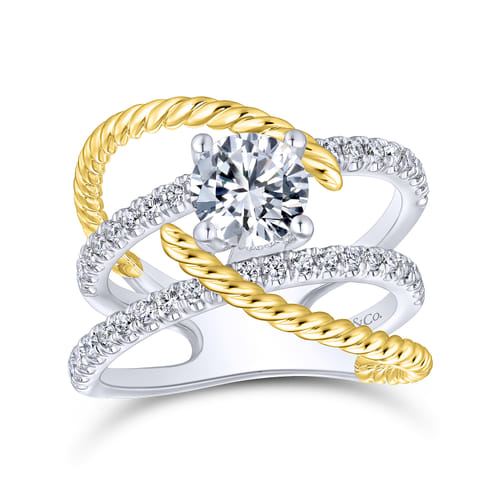 18K White-Yellow Gold Free Form Round Diamond Engagement Ring