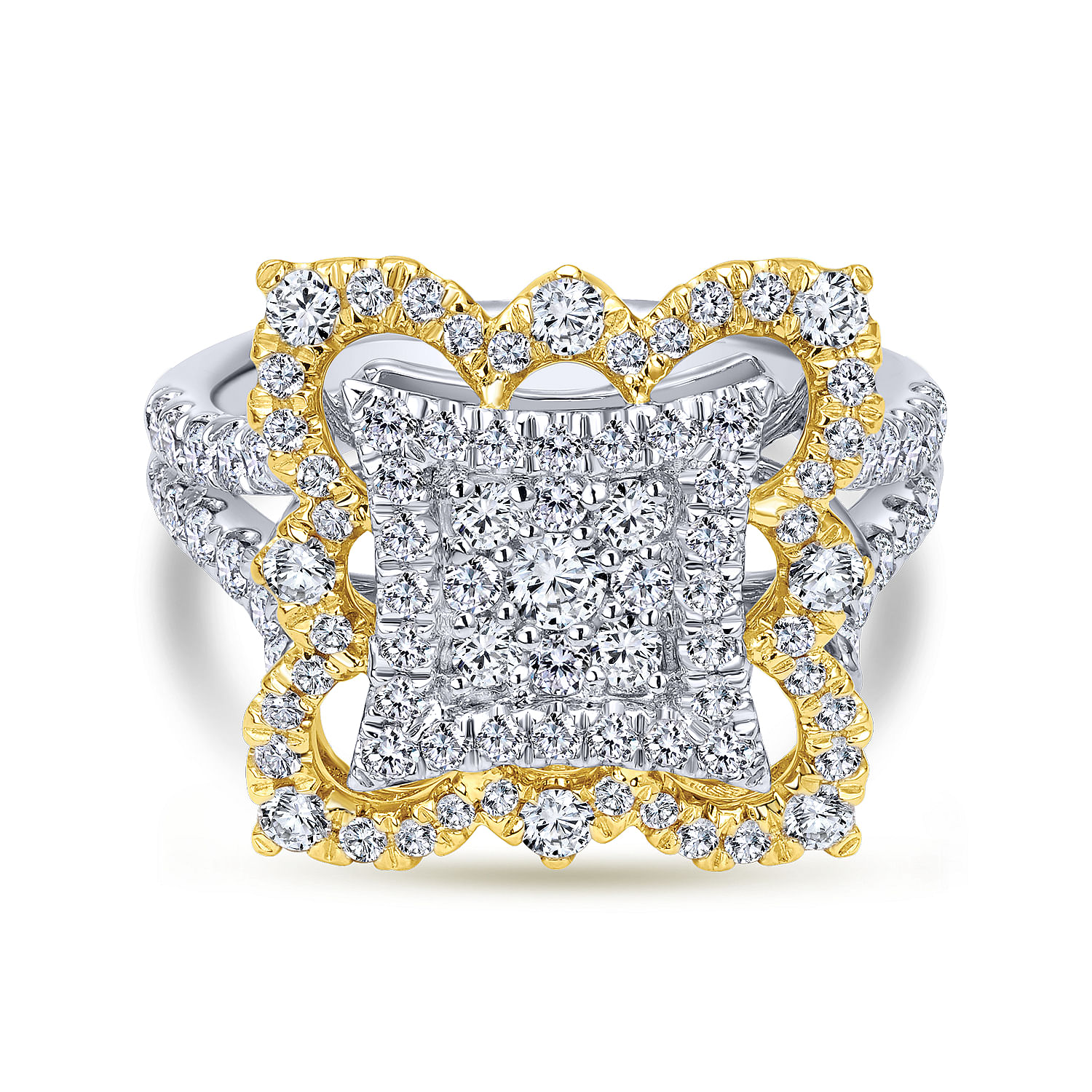 18K White-Yellow Gold Intricate Square Diamond Pavé Statement Ring