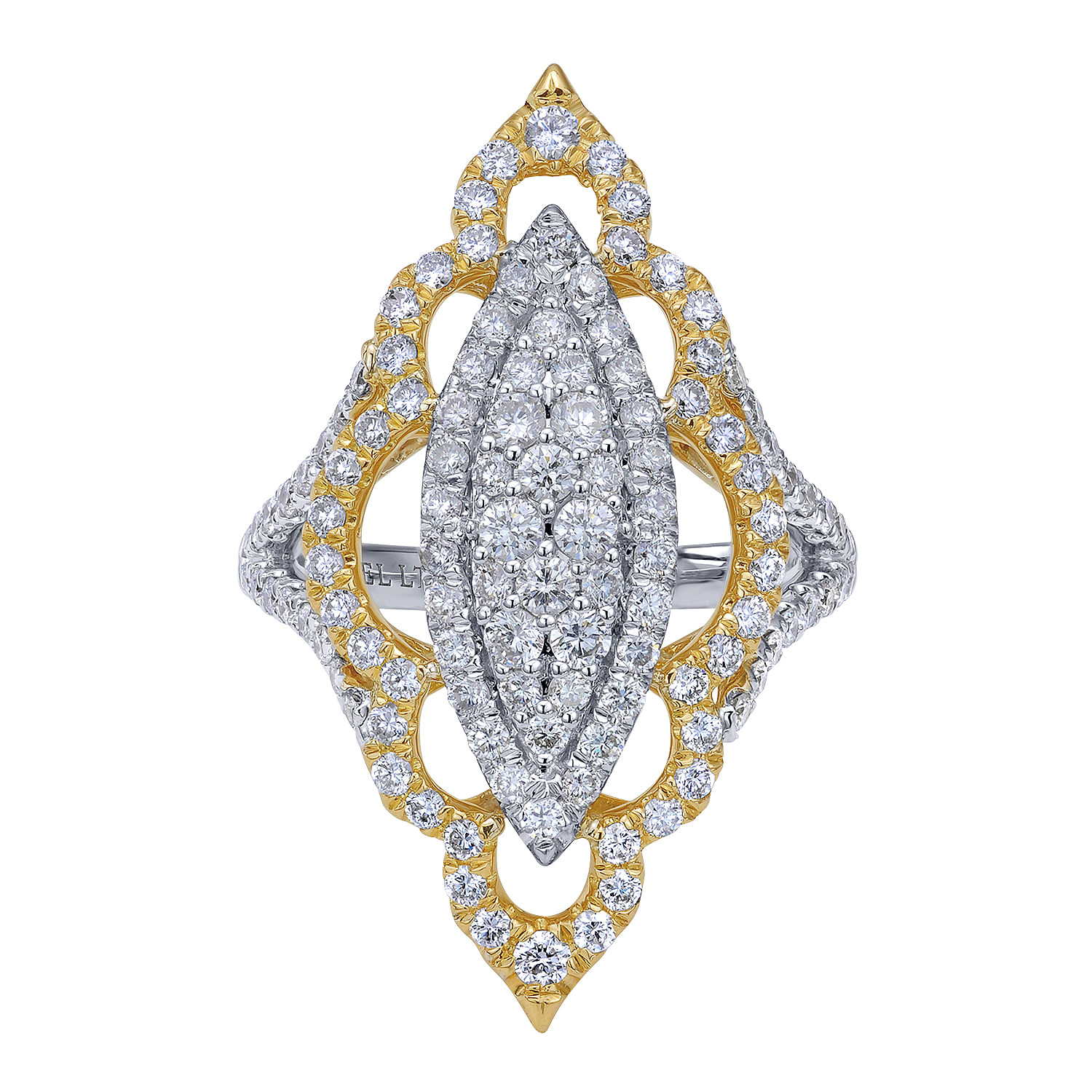 18K White-Yellow Gold Marquise Shape Cluster Diamond Statement Ring