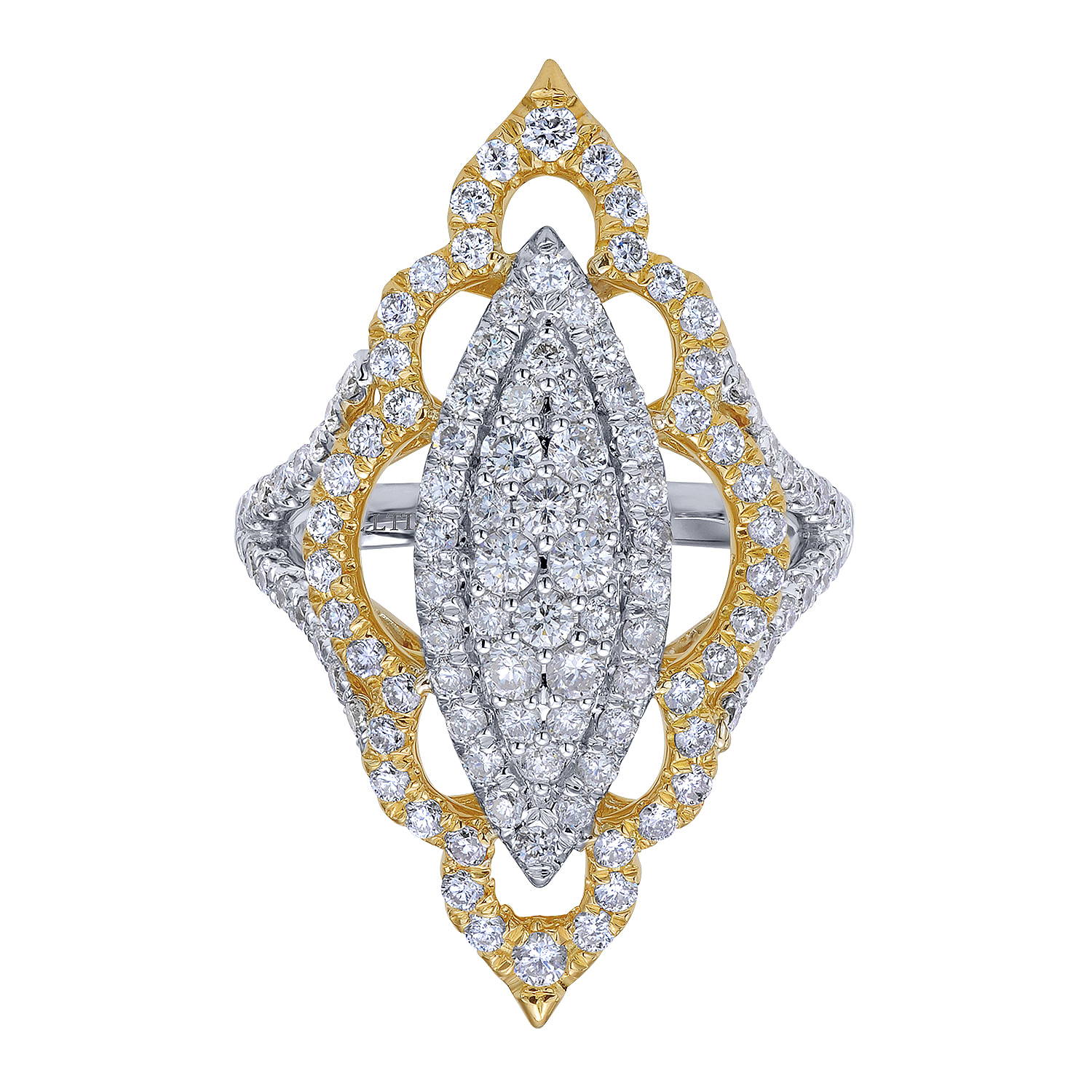 18K White-Yellow Gold Marquise Shape Cluster Diamond Statement Ring