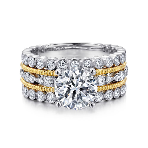 18K White-Yellow Gold Round Diamond Wide Band Engagement Ring