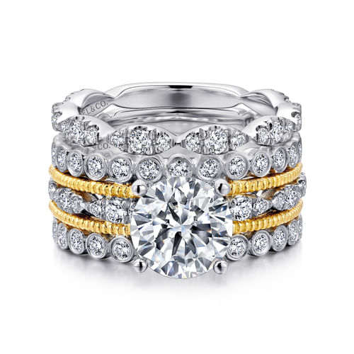 18K White-Yellow Gold Round Diamond Wide Band Engagement Ring