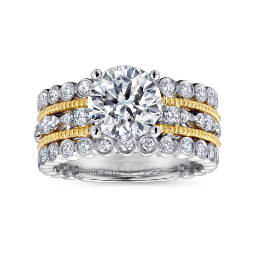 18K White-Yellow Gold Round Diamond Wide Band Engagement Ring