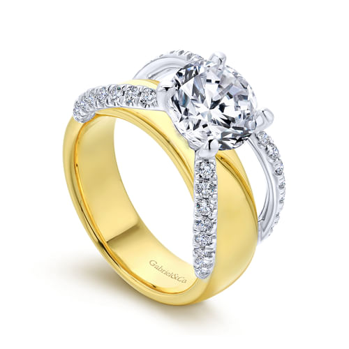 18K White-Yellow Gold Round Diamond Wide Shank Engagement Ring