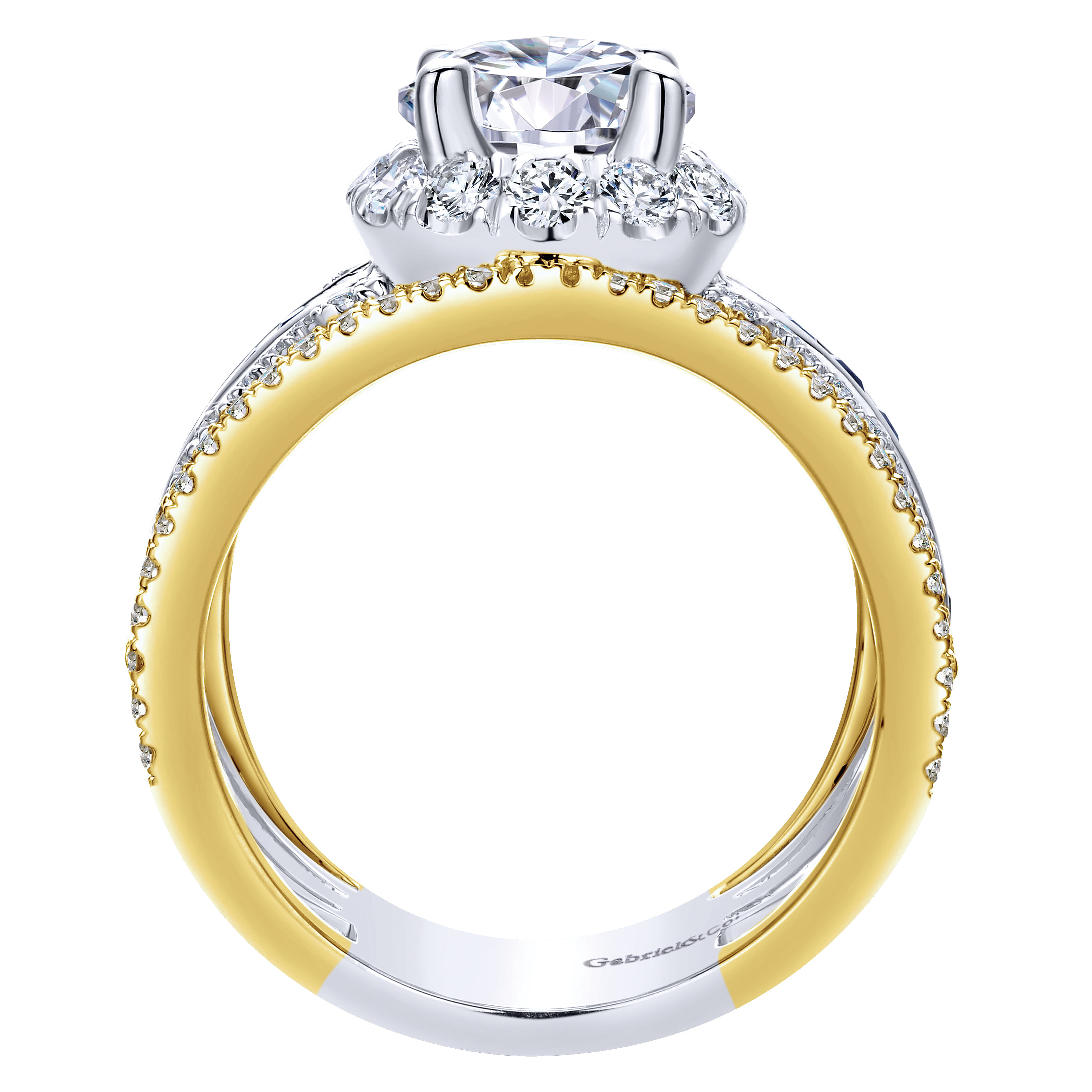 18K White-Yellow Gold Round Halo Sapphire and Diamond Channel Set Engagement Ring