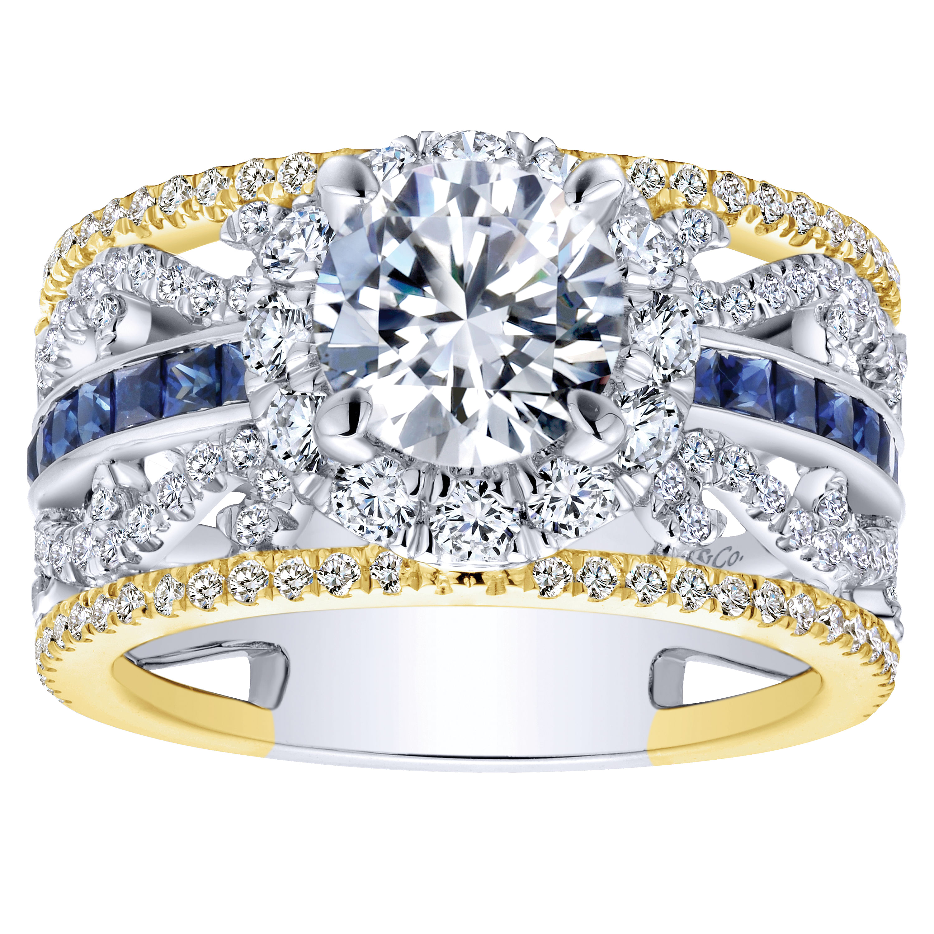 18K White-Yellow Gold Round Halo Sapphire and Diamond Channel Set Engagement Ring