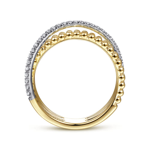 18K White-Yellow Gold Three Row Bujukan Ball and Diamond Band Ring