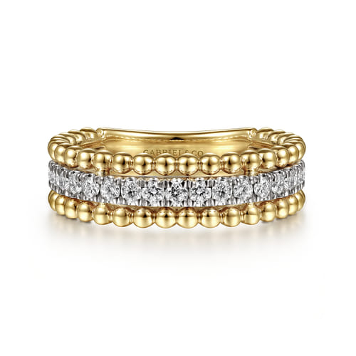 18K White-Yellow Gold Three Row Diamond and Bujukan Bead Ring
