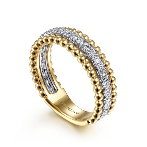 18K White-Yellow Gold Three Row Diamond and Bujukan Bead Ring