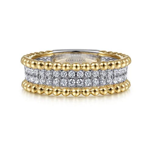 18K White-Yellow Gold Three Row Diamond and Bujukan Bead Ring