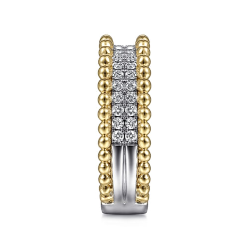 18K White-Yellow Gold Three Row Diamond and Bujukan Bead Ring
