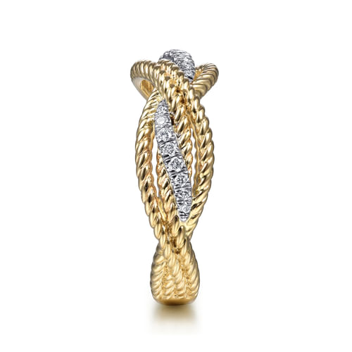 18K White-Yellow Gold Twisted Rope and Diamond Intersecting Ring