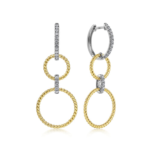18K White-Yellow Gold Twisted Rope and Diamond Open Circle Huggie Drop Earrings