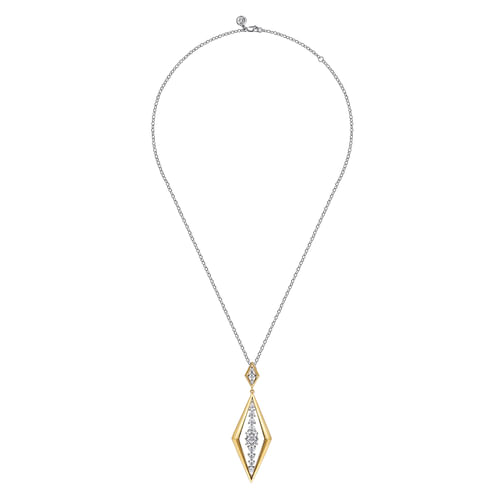 18K White and Yellow Gold Diamond Elongated Diamond Shape Drop Pendant Necklace
