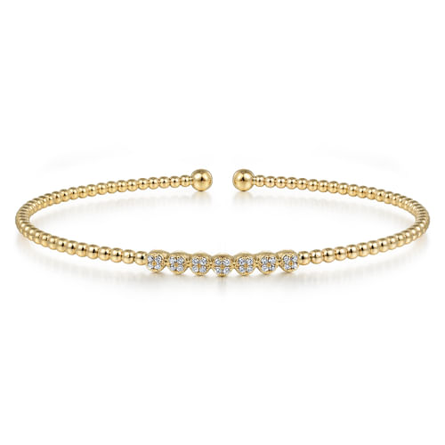 18K Yellow Gold Bujukan Bead Cuff Bracelet with Cluster Diamond Stations