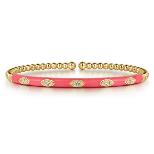 18K Yellow Gold Bujukan Beads and Diamond Split Bangle with Fuchsia Enamel